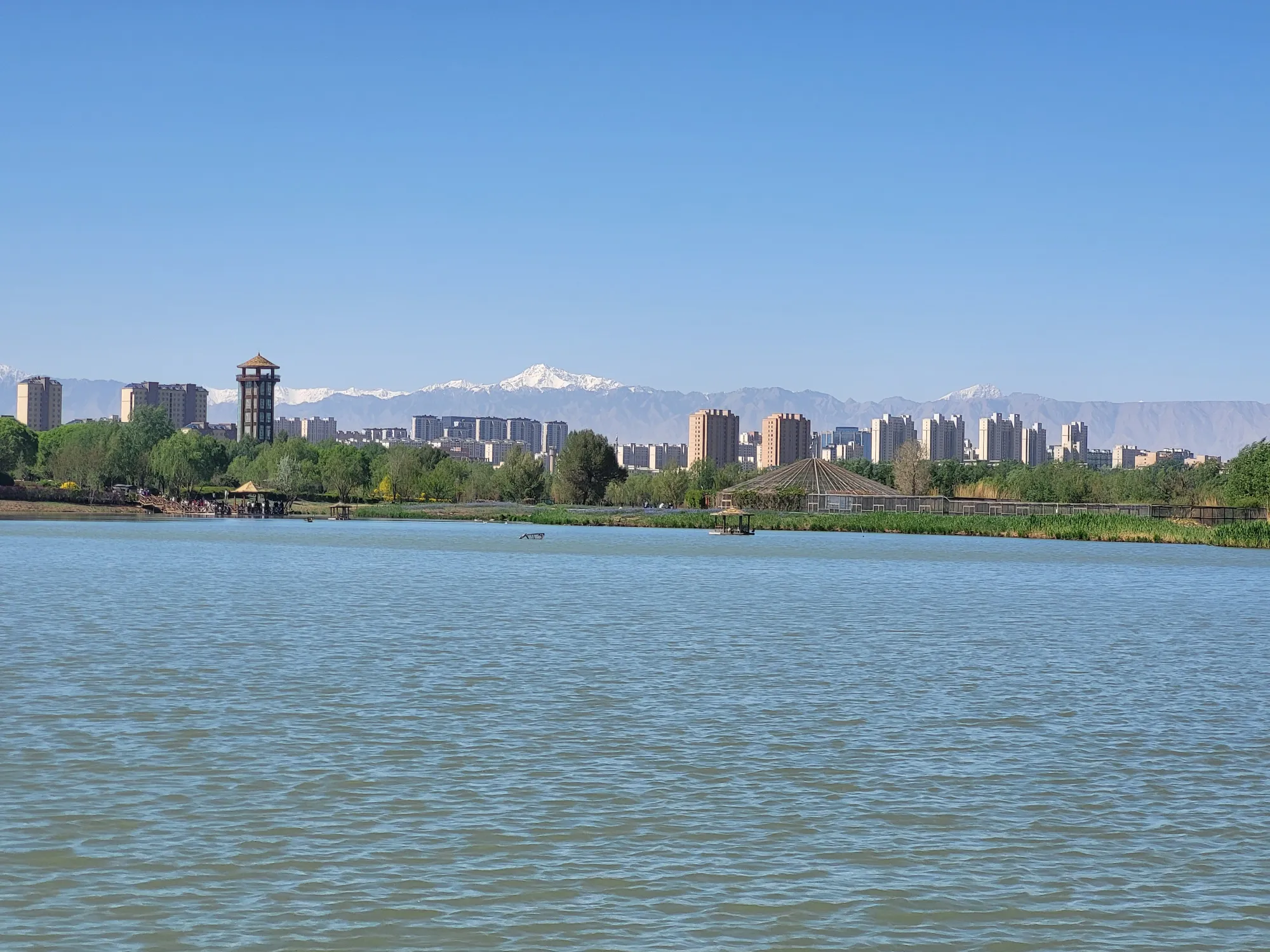 Lake view with city