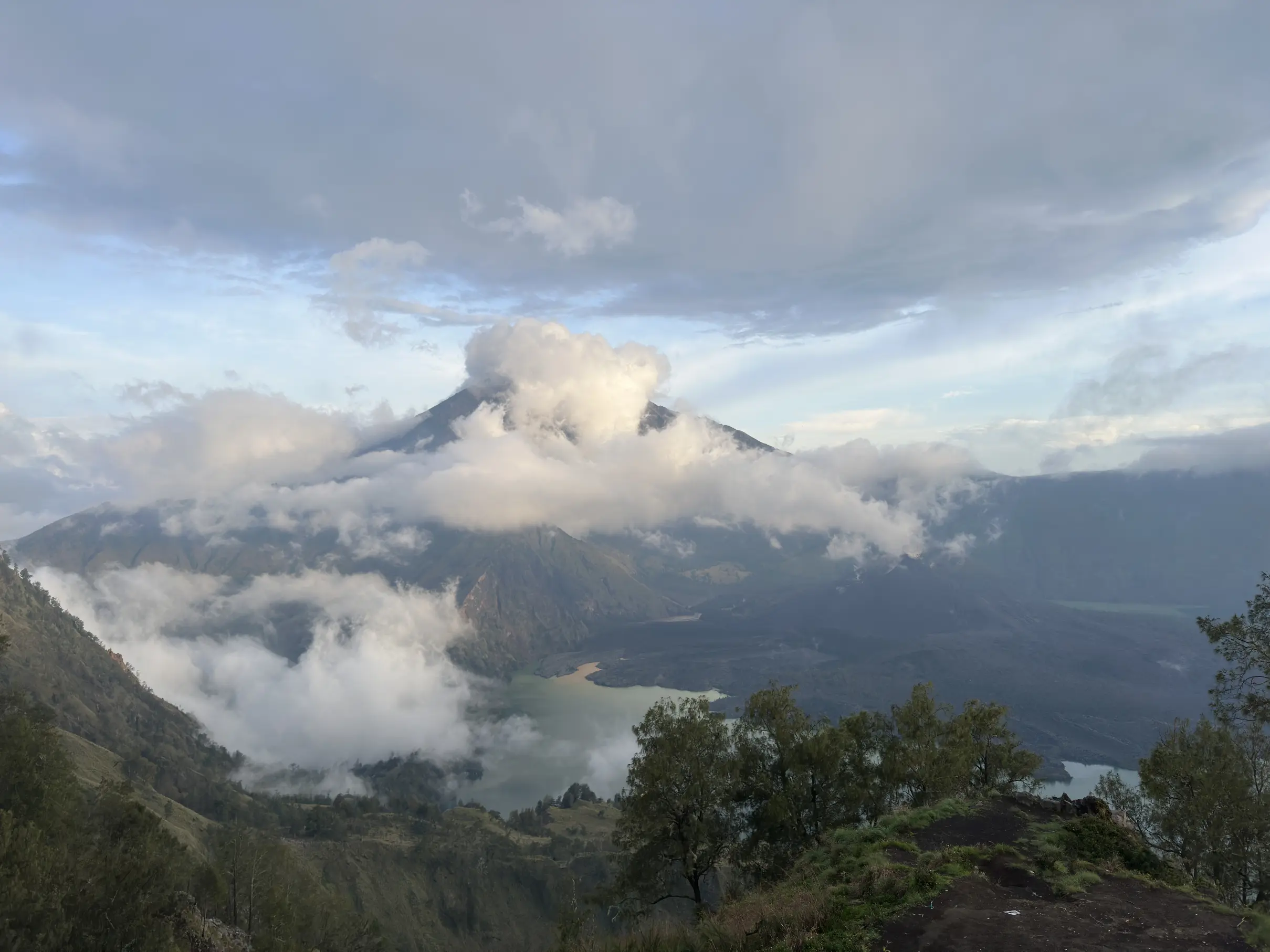 Rinjani crater at sunset with clouds